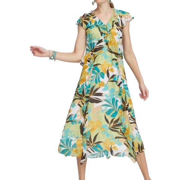 Chico’s Chiffon Floral Faux Wrap A-Line Ruffled Flutter Sleeves Dress Size 18 - Picture 3 of 8